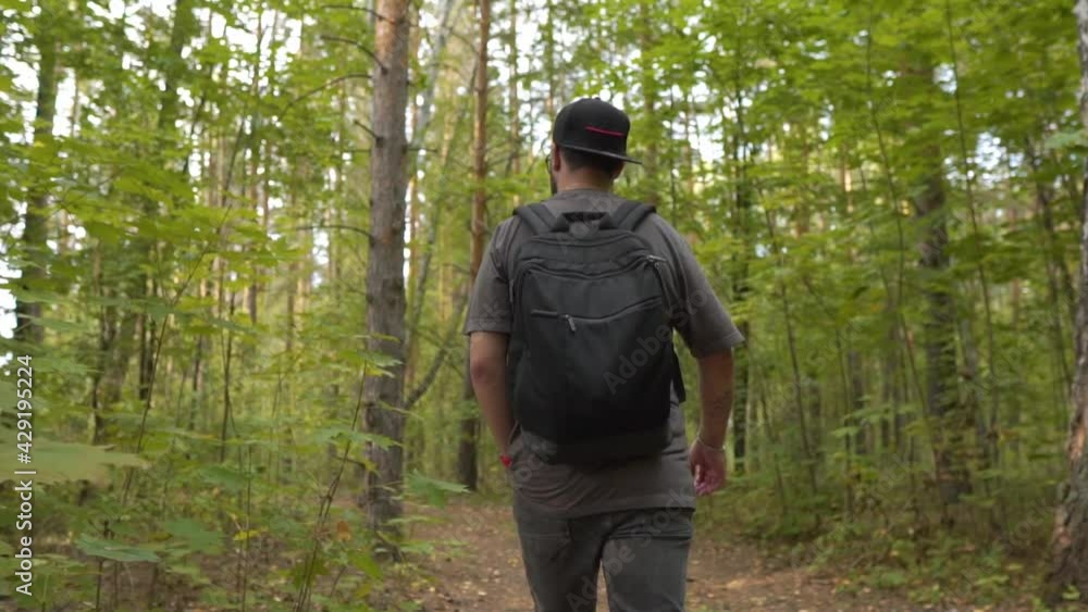 Back View: Man with Backpack Explores Green Summer Forest, Walks, Hiking and Eco Tourism. Active Healthy Beautiful Man in Wood. Male Traveler With Walks Along Forest Back View: Man with Backpack Explores Green Summer Forest, Walks, Hiking and Eco Tourism. Active Healthy Beautiful Man in Wood. Male Traveler With Walks Along Forest