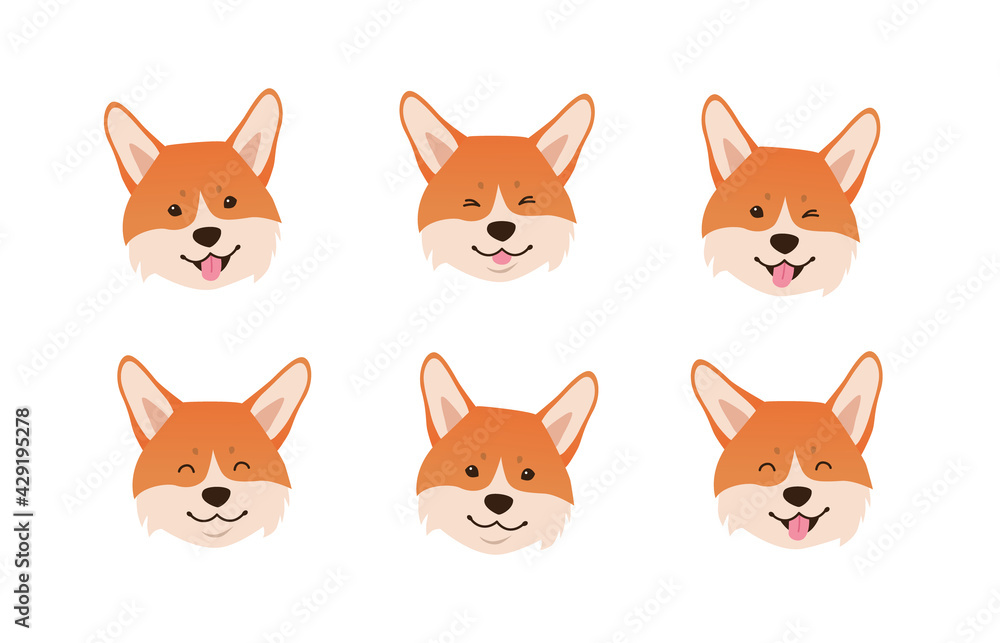 Welsh corgi face expressions. Set of cute cartoon smiling dog heads on white background. - Vector illustration