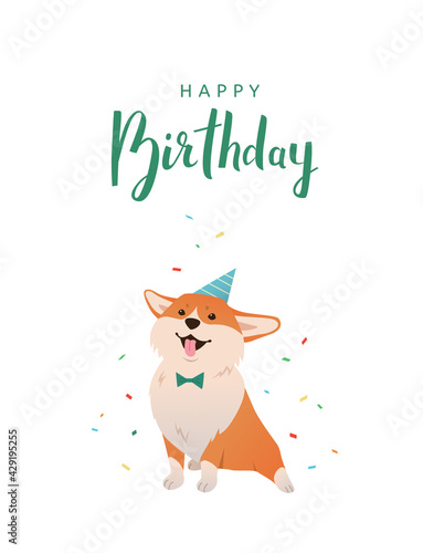 Happy Birthday. Greeting card with cute cartoon corgi dog wearing party hat and bow tie. Handwritten lettering on white background. - Vector illustration