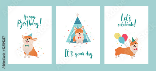Happy Birthday cards set with cute cartoon Welsh corgi and hand drawn lettering. Dog with colorful balloons, tent and confetti wearing party cone. Vector greeting card