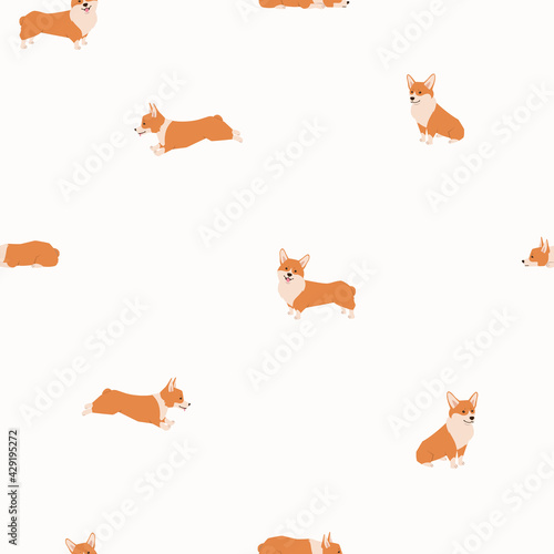 Pembroke welsh corgi seamless pattern. Cute cartoon dogs vector illustration for textile design