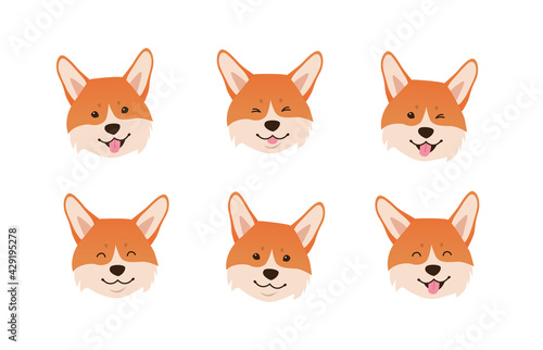Welsh corgi face expressions. Set of cute cartoon smiling dog heads on white background. - Vector illustration