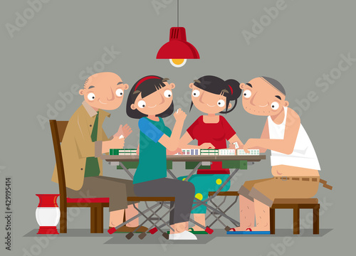 Cartoon illustration of people playing Chinese Mahjong game