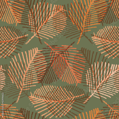 Mono print style scattered leaves seamless vector pattern background. Ochre sage green layered lino cut effect skeleton leaf foliage backdrop. At home hand crafted design concept. Repeat for packaging