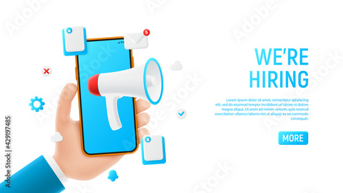 We are hiring banner concept. Mockup with cartoon hand, smartphon and icons. Template of smart phone and cartoon hand. Vector illustration with mobile devices concept.