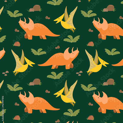 Hand drawn cute seamless pattern with different dinosaurs for kids