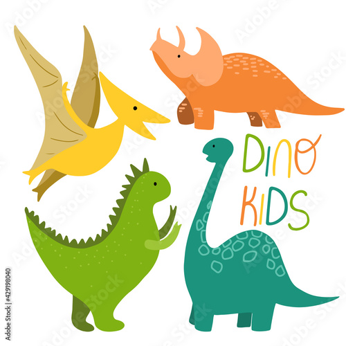 Set of different colorful dinosaurs  hand drawn childish design