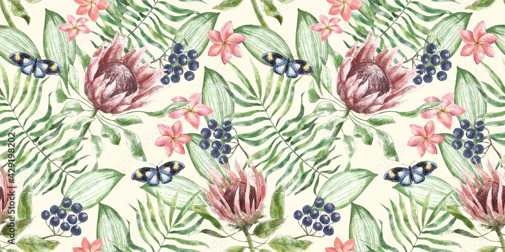 Seamless watercolor pattern with protea, plumeria flowers, butterflies, dark berries in tropical leaves. Hand-drawn illustration. Tropical exotic background. For design wallpapers, fabric, paper, Seamless watercolor pattern with protea, plumeria flowers, butterflies, dark berries in tropical leaves. Hand-drawn illustration. Tropical exotic background. For design wallpapers, fabric, paper,