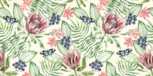 Seamless watercolor pattern with protea  plumeria flowers  butterflies  dark berries in tropical leaves. Hand-drawn illustration. Tropical exotic background. For design wallpapers  fabric  paper 