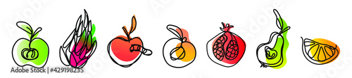 Vector set of fruits apple, dragon fruit, peach, garnet, pear, orange slice in one line endless style. Collection with color abstract  spot background. Can be applied as a sticker, icon, logo.