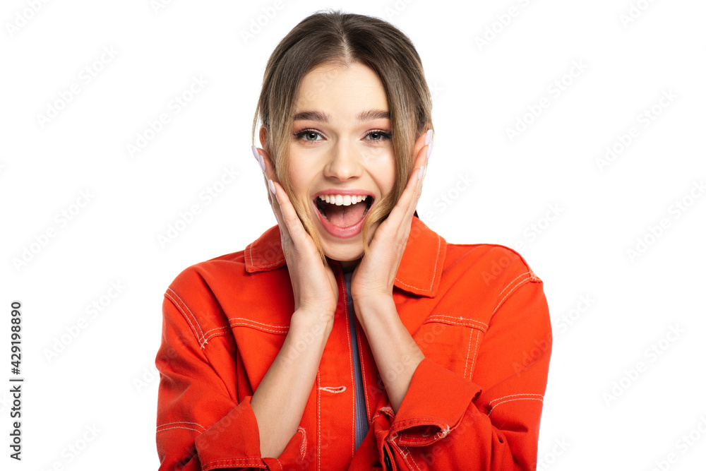 amazed woman with open mouth in orange shirt isolated on white amazed woman with open mouth in orange shirt isolated on white
