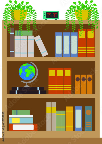 Bookcase. A lot of books. Flat design.