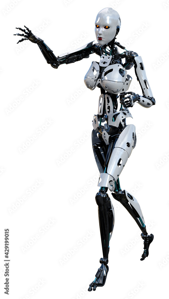 3D Rendering Female Robot on White