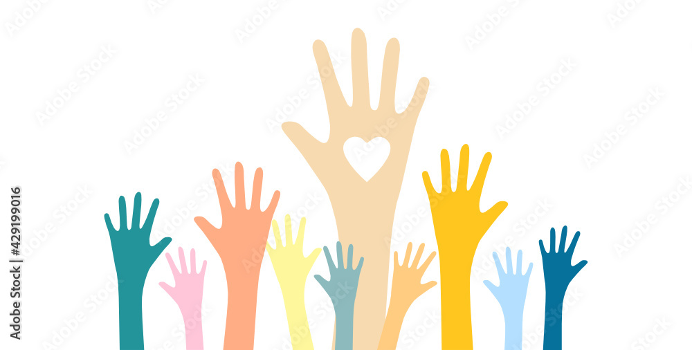 multicolored raised hands, palms up, many hands and a symbol of community, society, union, group, team, we are together multicolored raised hands, palms up, many hands and a symbol of community, society, union, group, team, we are together