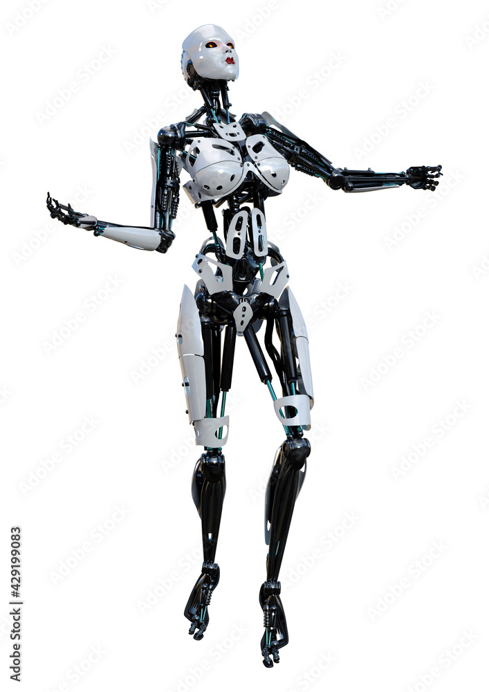 3D Rendering Female Robot on White