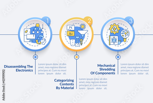 E-trash recycling paces vector infographic template. Dismantling, categorizing presentation design elements. Data visualization with 3 steps. Process timeline chart. Workflow layout with linear icons