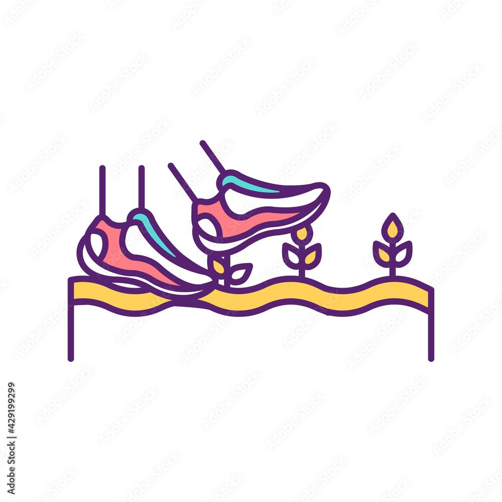 Field walking RGB color icon. Exploring new places during vacation. Discovering natural environment around. Tourism around whole world. Isolated vector illustration