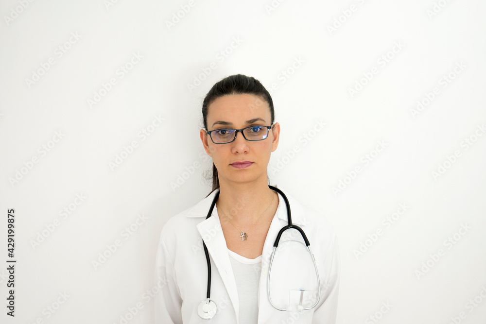 Portrait of doctor in different angle and lights in front of white wall. Selective Focus Model Face.