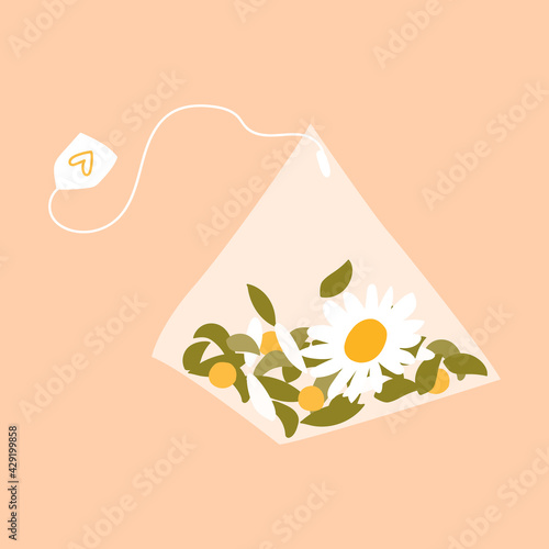 A tea bag. Pyramid tea bag with herbs and chamomile in the style of flat, cartoon. Isolated on a delicate background. Cute vector element for design, sticker, illustration.