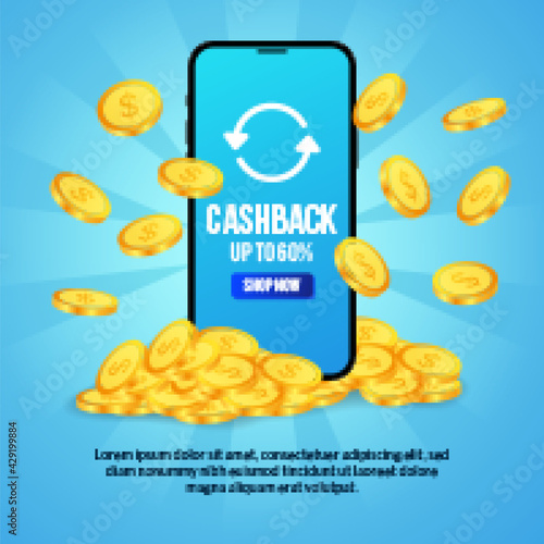 cashback promotion for e commerce site with 3d phone and dollar golden coin illustration concept for banner flyer poster