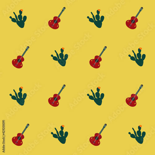 Mexican guitar and cactus vector seamless pattern on yellow background. For textile, banner, card, Cinco de Mayo decor