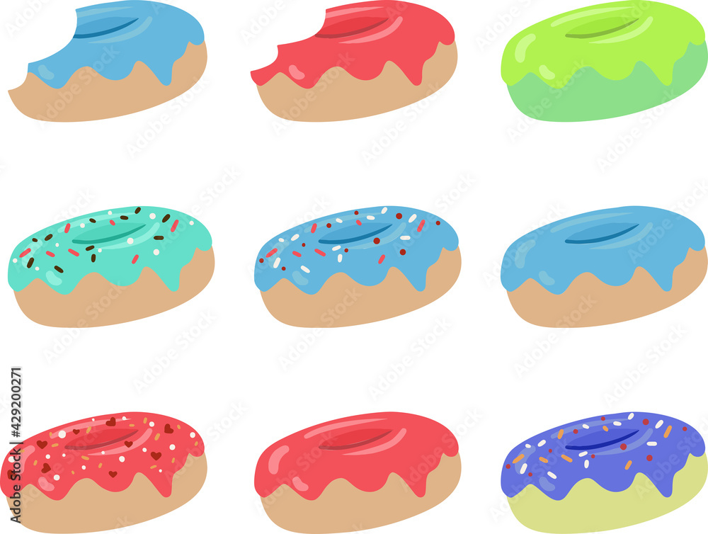 Donut vector illustration set isolated on a wight background in flat style. Vector illustration