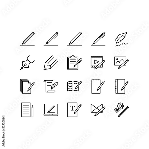 Copywriting related flat line icons set. Pen, Pencil, edit, Notes, simple vector illustration. Outline sign for mobile concept and web design, store, logo, documentation, journalism. Editable stroke