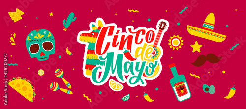 Mexico Set with symbols of Mexico guitar, mustache, tequila, pepper, skull. Сolorful stylish vector illustration set Mexico. Mexican maracas, pinata, tacos. Original illustration and design
