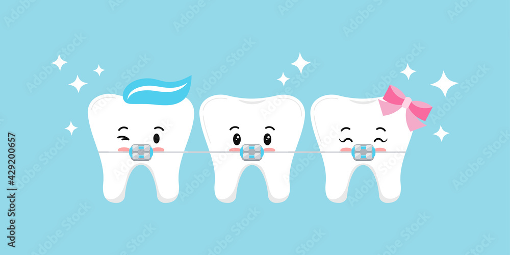 Cute tooth with dental braces emoji character. Dental braces on white ...