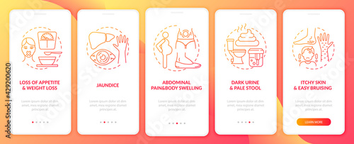 Liver illness symptoms onboarding mobile app page screen with concepts. Jaundice, abdominal pain walkthrough 5 steps graphic instructions. UI, UX, GUI vector template with linear color illustrations