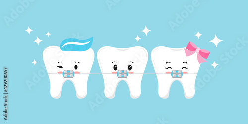 Cute tooth with dental braces emoji character. Dental braces on white tooth orthodontic correction treatment concept. Vector flat design kawaii style kid tooth dentistry mascot illustration.