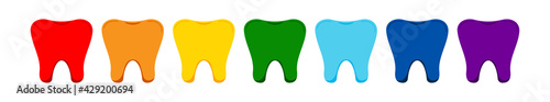 Tooth with rainbow color in a row. Teeth set with red, orange, yellow, green, blue, purple color. Flat design cartoon multicolored dental clip art vector illustration. 
