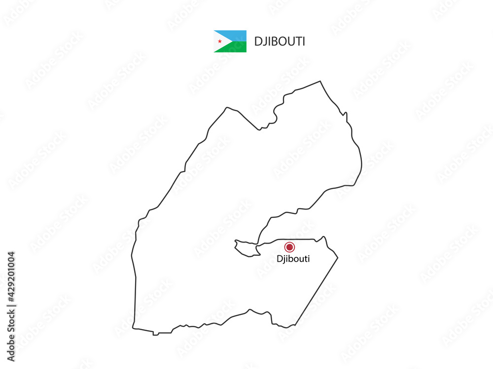 Hand Draw Thin Black Line Vector Of Djibouti Map With Capital City Djibouti On White Background