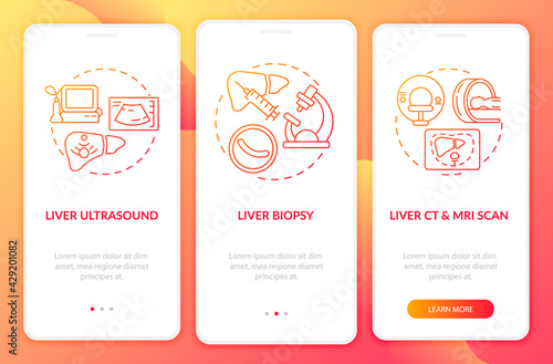 Liver diagnosis onboarding mobile app page screen with concepts. Ultrasound, tissue analysis walkthrough 3 steps graphic instructions. UI, UX, GUI vector template with linear color illustrations