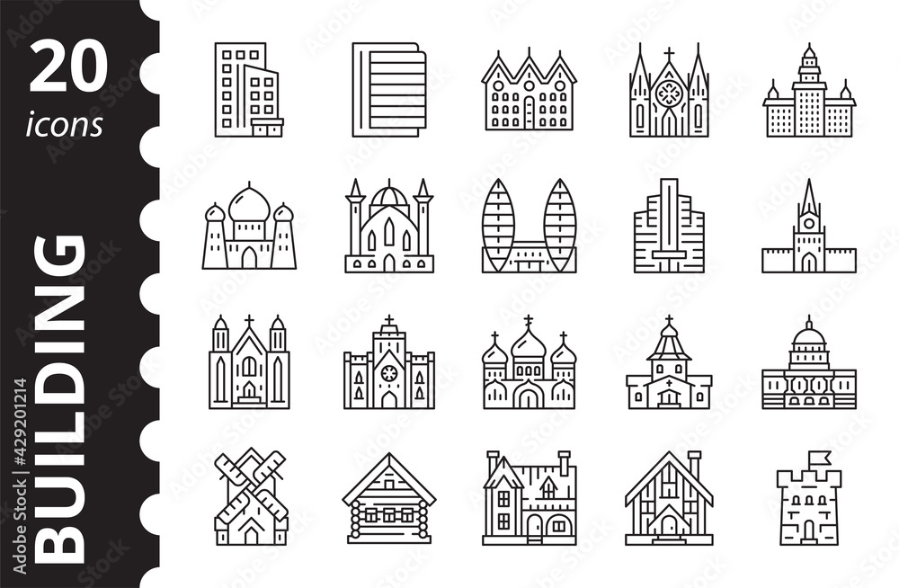 Buildings icons set. Vector linear symbol collection.
