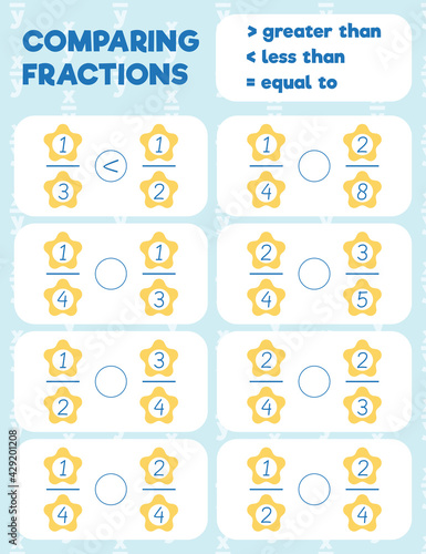 Comparing fractions worksheet, math practice print page. Count and write.
