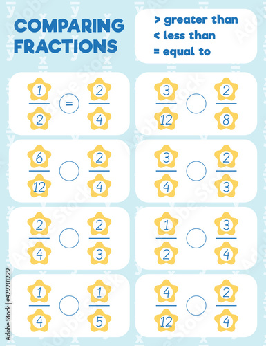 Comparing fractions worksheet, math practice print page. Count and write.