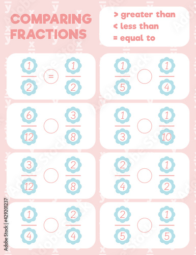 Comparing fractions worksheet, math practice print page. Count and write.