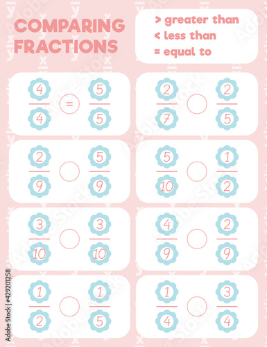 Comparing fractions worksheet, math practice print page. Count and write.