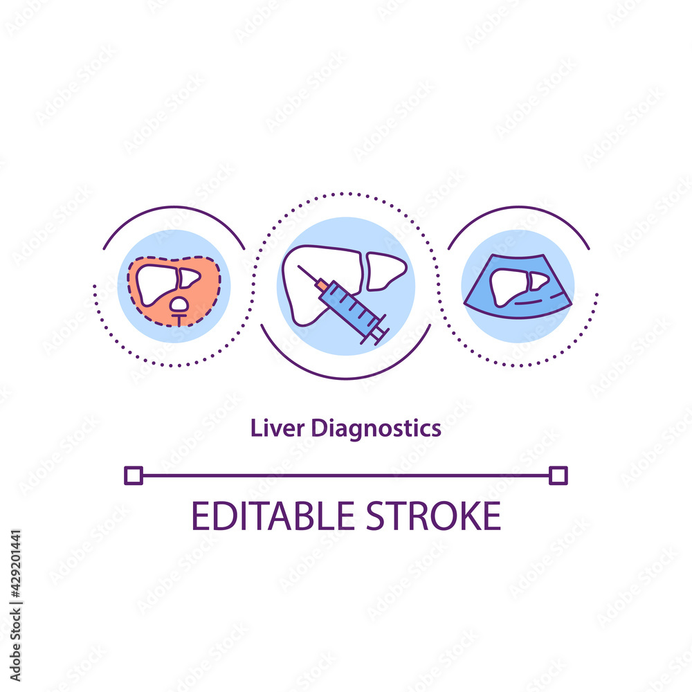 Liver diagnostics concept icon. Organ functioning monitoring idea thin line illustration. Live damage, inflammation indication. Vector isolated outline RGB color drawing. Editable stroke
