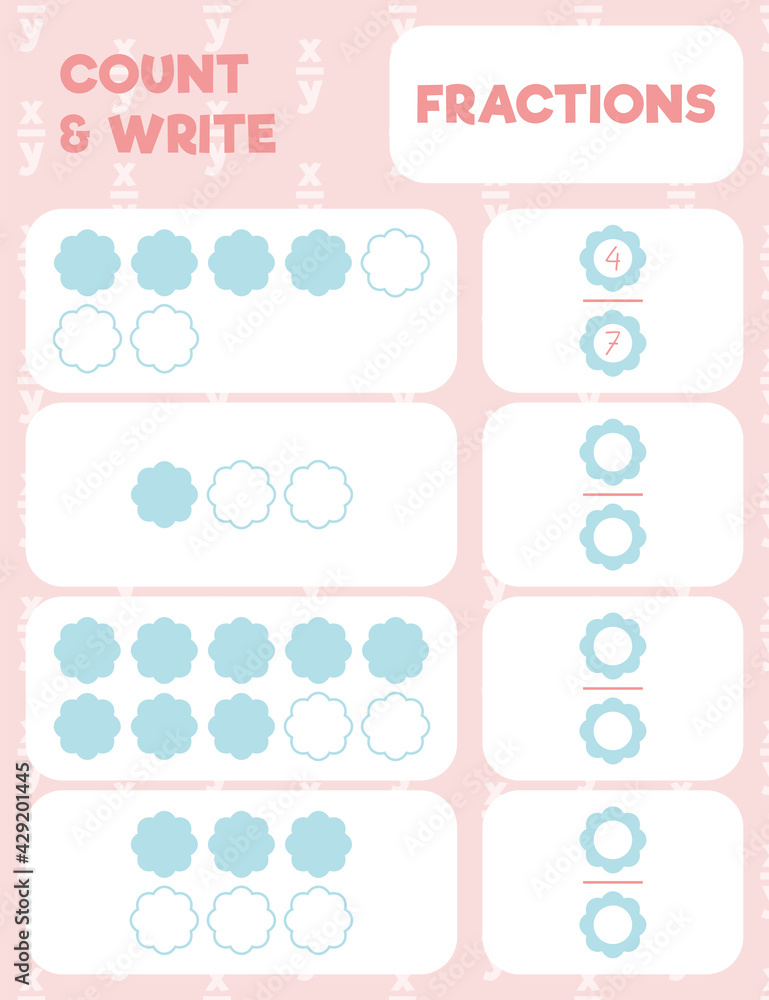 Fractions worksheet, math practice print page. Count and write. Fractions worksheet, math practice print page. Count and write.