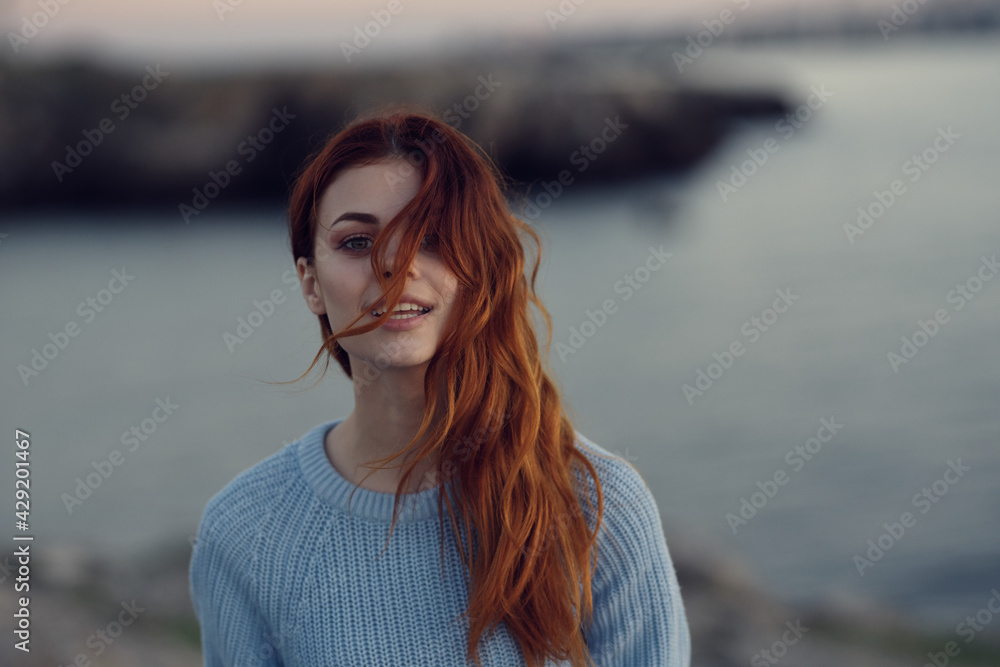 happy traveler in the mountains blue sweater model hairstyle nature happy traveler in the mountains blue sweater model hairstyle nature