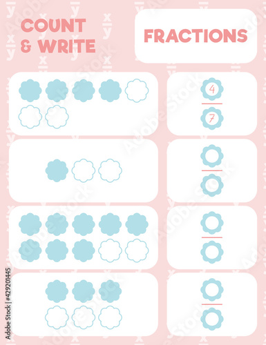 Fractions worksheet, math practice print page. Count and write.