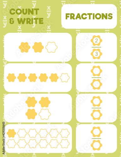 Fractions worksheet, math practice print page. Count and write.