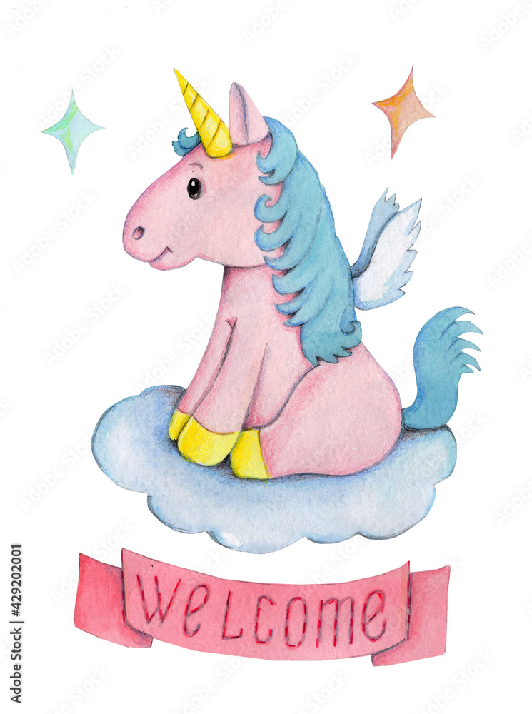 Cute cartoon pink unicorn sitting on cloud. Watercolor hand drawn illustration for children.