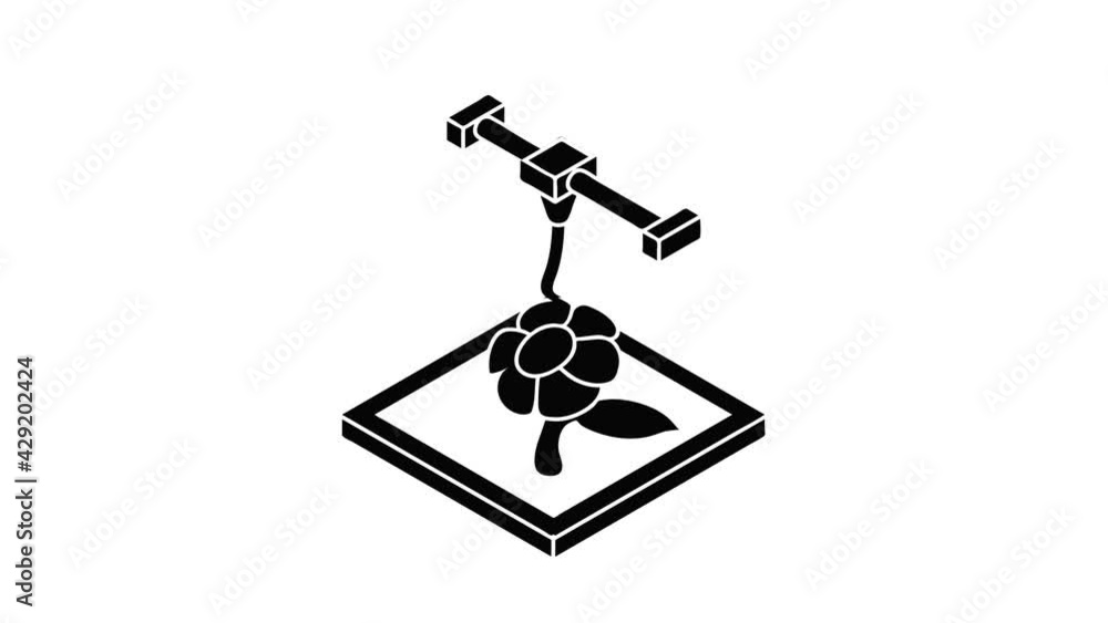 Flower d printing icon animation isometric black object on white background Flower d printing icon animation isometric black object on white background