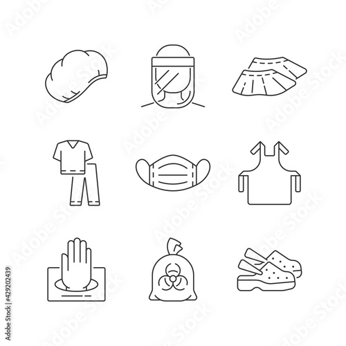 Disposable medical uniform linear icons set. Surgical cap. Gloves in box. Infectious waste bag. Customizable thin line contour symbols. Isolated vector outline illustrations. Editable stroke