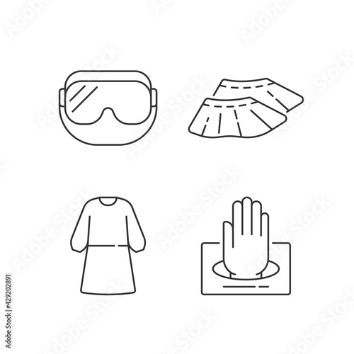 Disposable medical wear linear icons set. Doctor uniform. Quarantine safety. Disposable PPE. Customizable thin line contour symbols. Isolated vector outline illustrations. Editable stroke