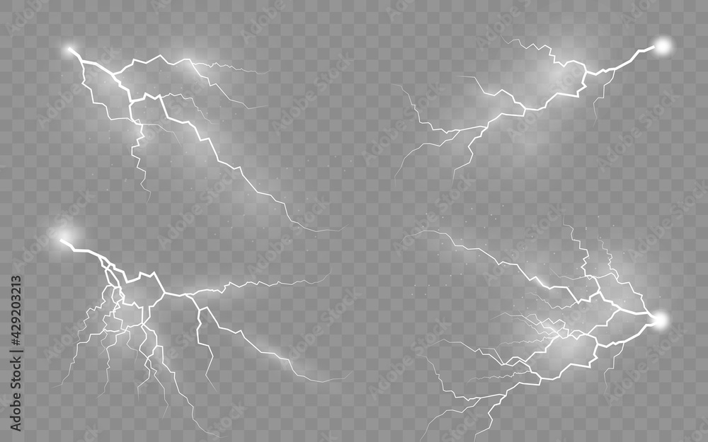 Set of zippers, thunderstorm and effect lightning.