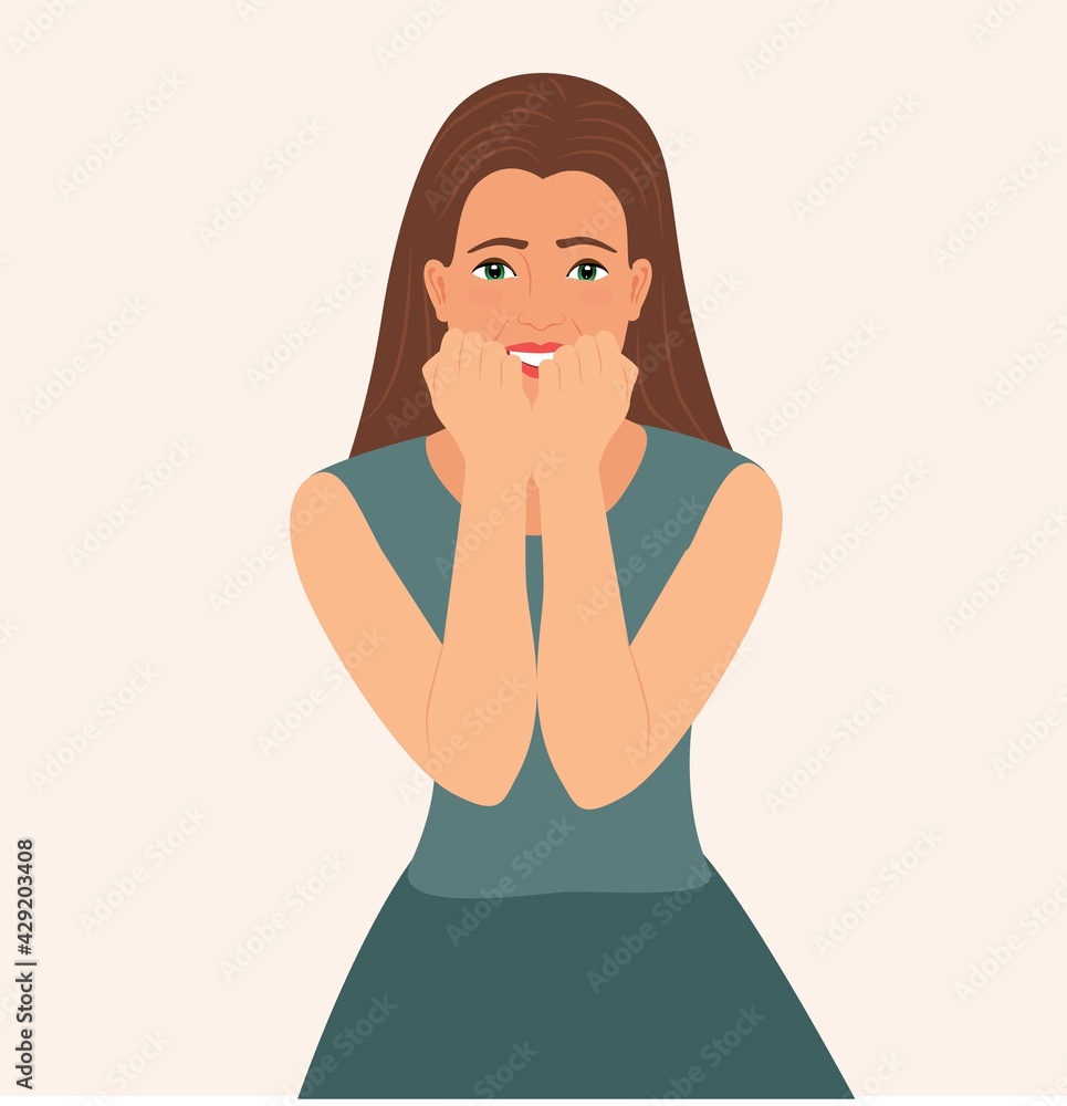 Surprised happy smiling young woman looks on in amazement. Dreamer girl looking hopefully. Amazed young woman holding her hands under cheeks and open-mouthed. Isolated Vector illustration Surprised happy smiling young woman looks on in amazement. Dreamer girl looking hopefully. Amazed young woman holding her hands under cheeks and open-mouthed. Isolated Vector illustration